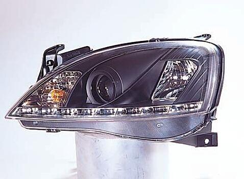 Фары передние с линзой с LED диодной полосой (черный хаузинг) OPEL CORSA 01-06 OPCOR01-002B-N 1216137+1216138