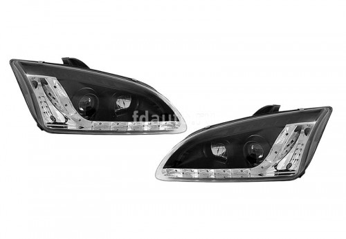 Фары передние на Ford Focus 2 05-08 черные, с дневной диодной полоской и диодным поворотником артикул  