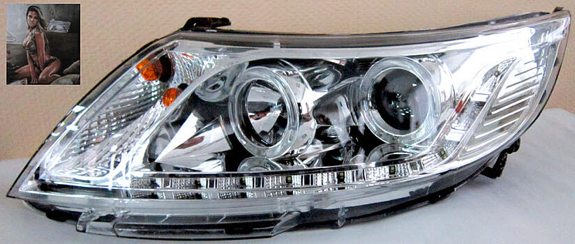 Фары передние С ТЮНИНГ с линзой, ангельские глазки, с LED диодной полосой, с мотором электрокорректора (хромированный хаузинг) KIA RIO 11- KARIO11-002H-N 